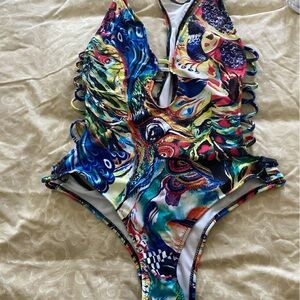 Red and Blue One Piece Swimsuit with Strappy Back